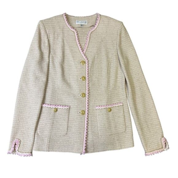 St. John Collection Knit Suit Set Beige Pink Tweed Blazer Jacket Skirt SZ 12 - Picture 6 of 16